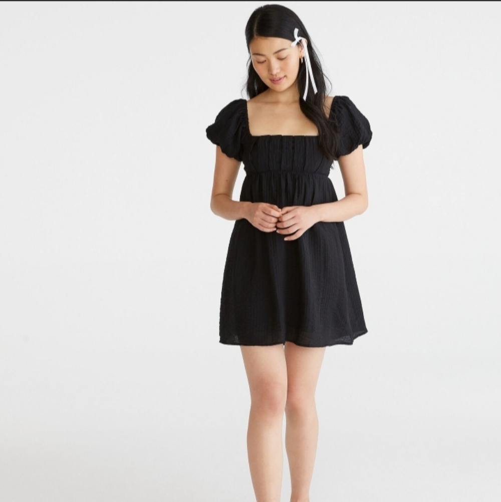 Solid Square-Neck Pleated Babydoll Dress, Medium - image 1